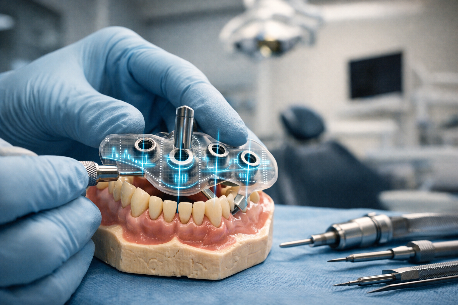 Detailed landscape format (1536x1024) image showing a close-up of a dental surgeon's hands carefully manipulating a 3D-printed surgical guid