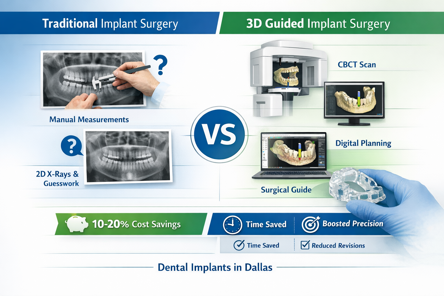 Landscape format (1536x1024) infographic contrasting the traditional dental implant surgery workflow with the 3D guided approach. The tradit