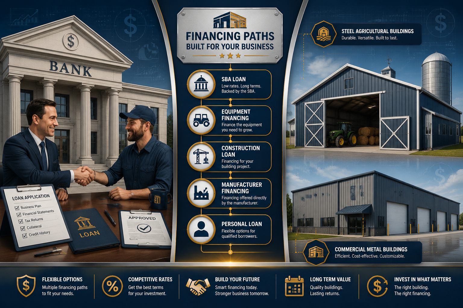 Detailed () infographic-style illustration showing a split-scene comparison: left side depicts a traditional bank building