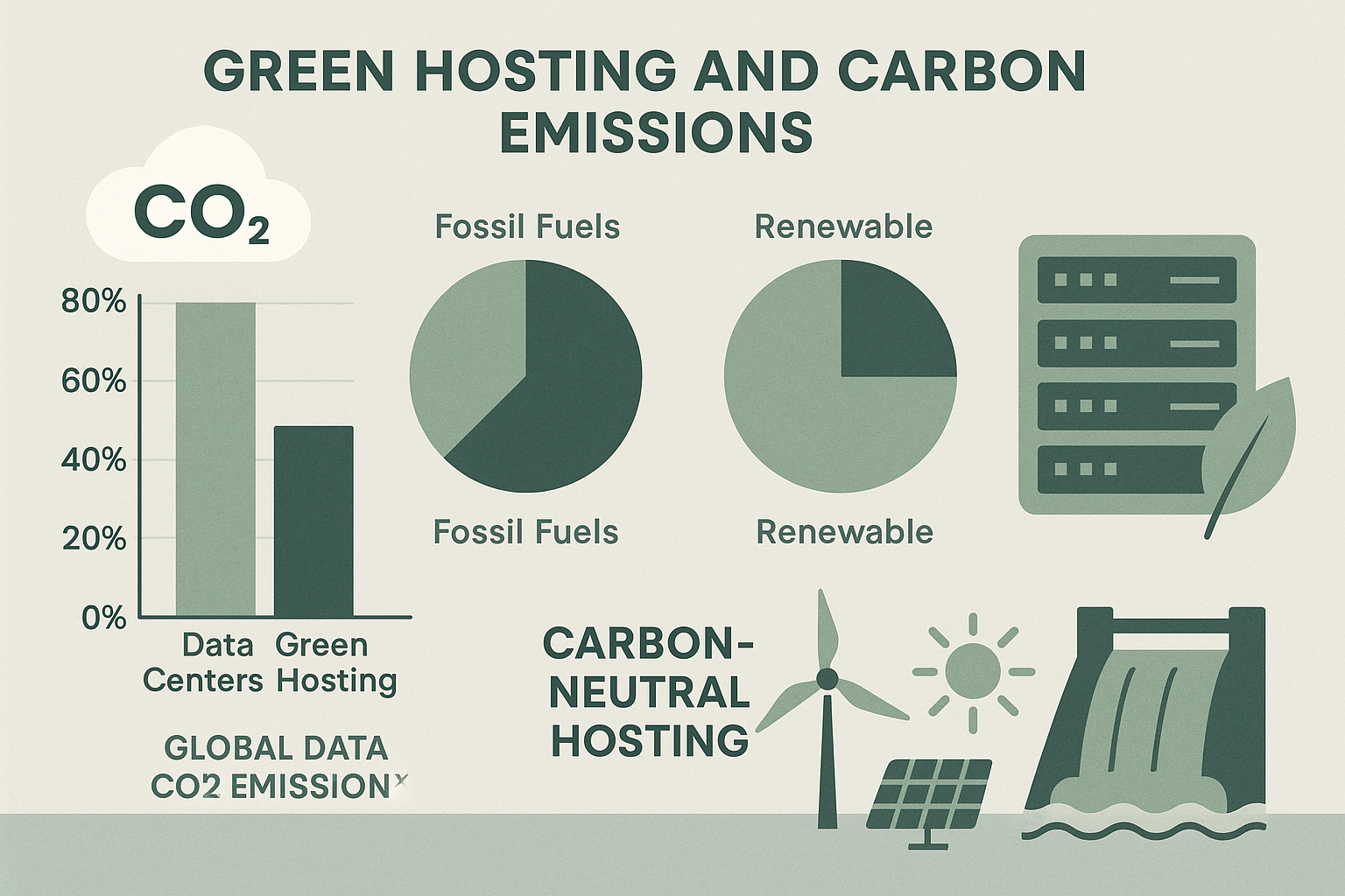 An infographic illustrating the global impact of data centers on carbon emissions and how green hosting solutions, like sustainable green ho