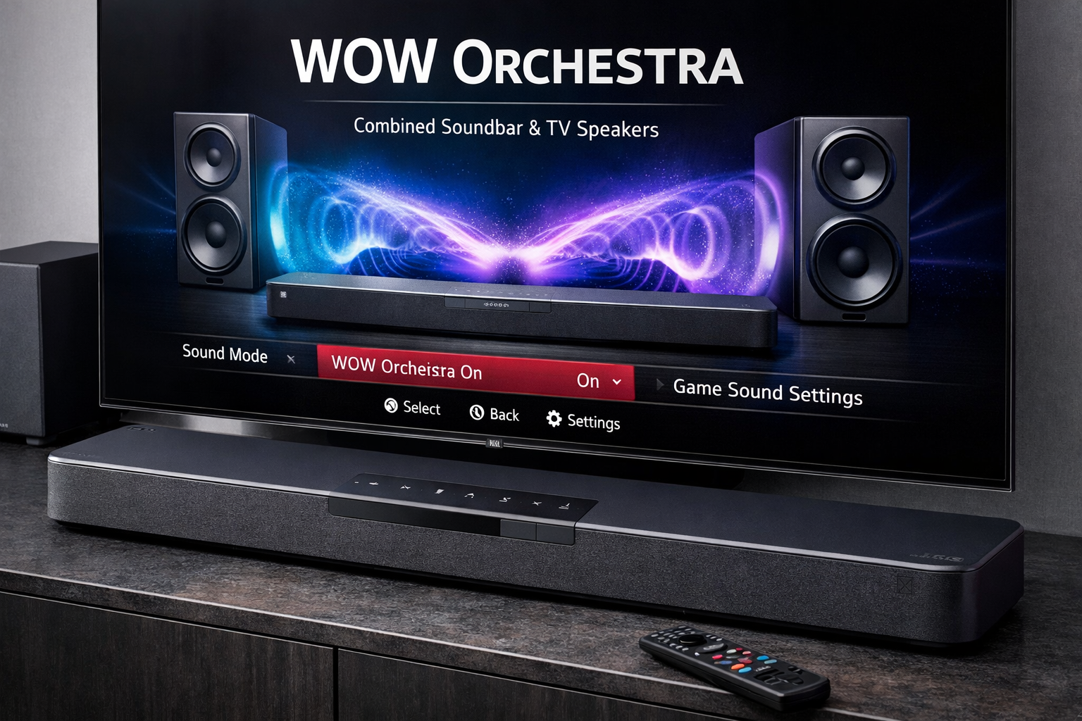 LG SC9S Soundbar detailed showcase of LG SC9S Soundbar highlighting the WOW Orchestra interface on LG TV screen with soundbar controls visible