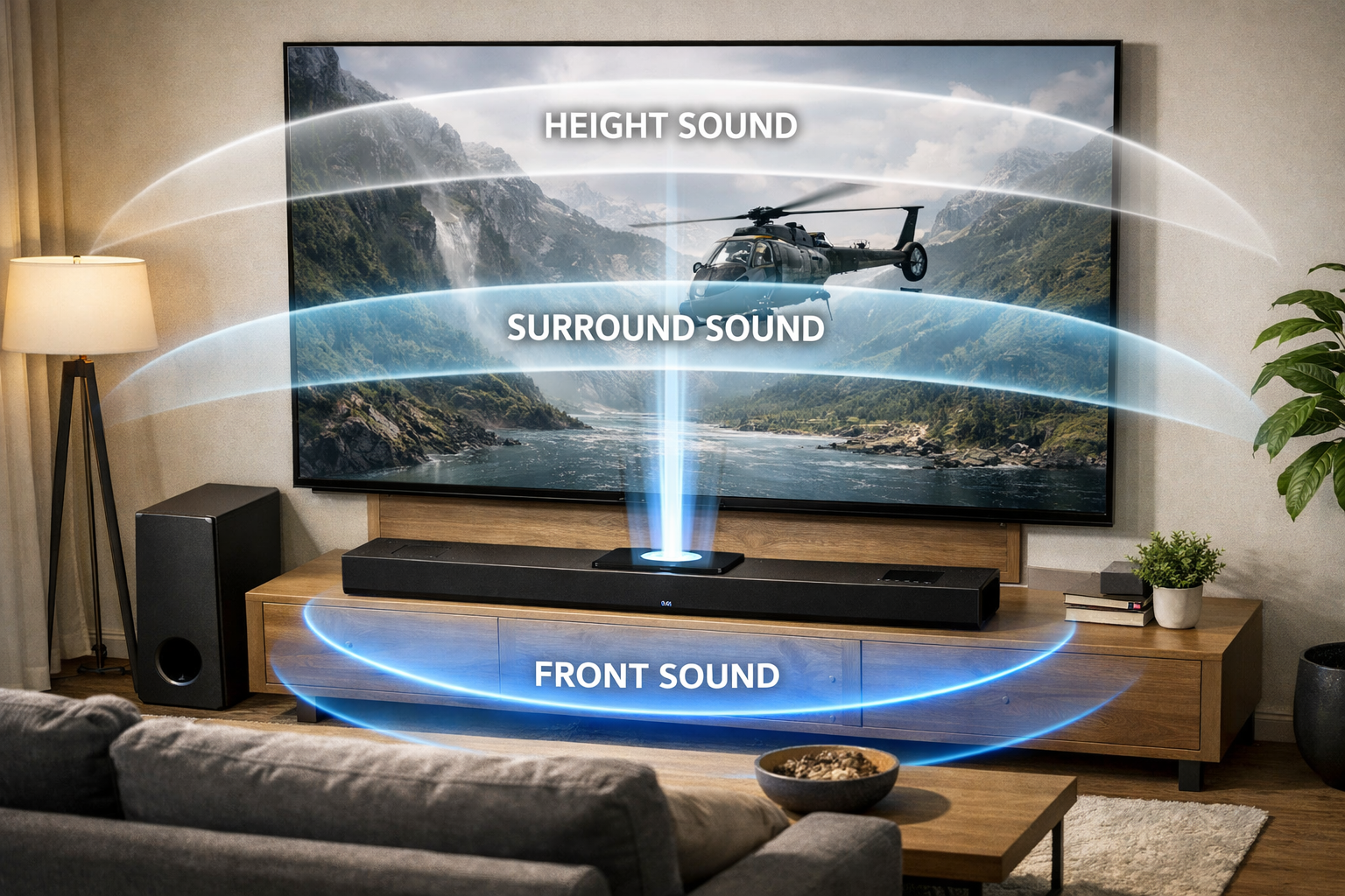 LG SC9S Soundbar detailed showcase of LG SC9S Soundbar in living room setup demonstrating triple level spatial sound with up-firing center channel speaker in