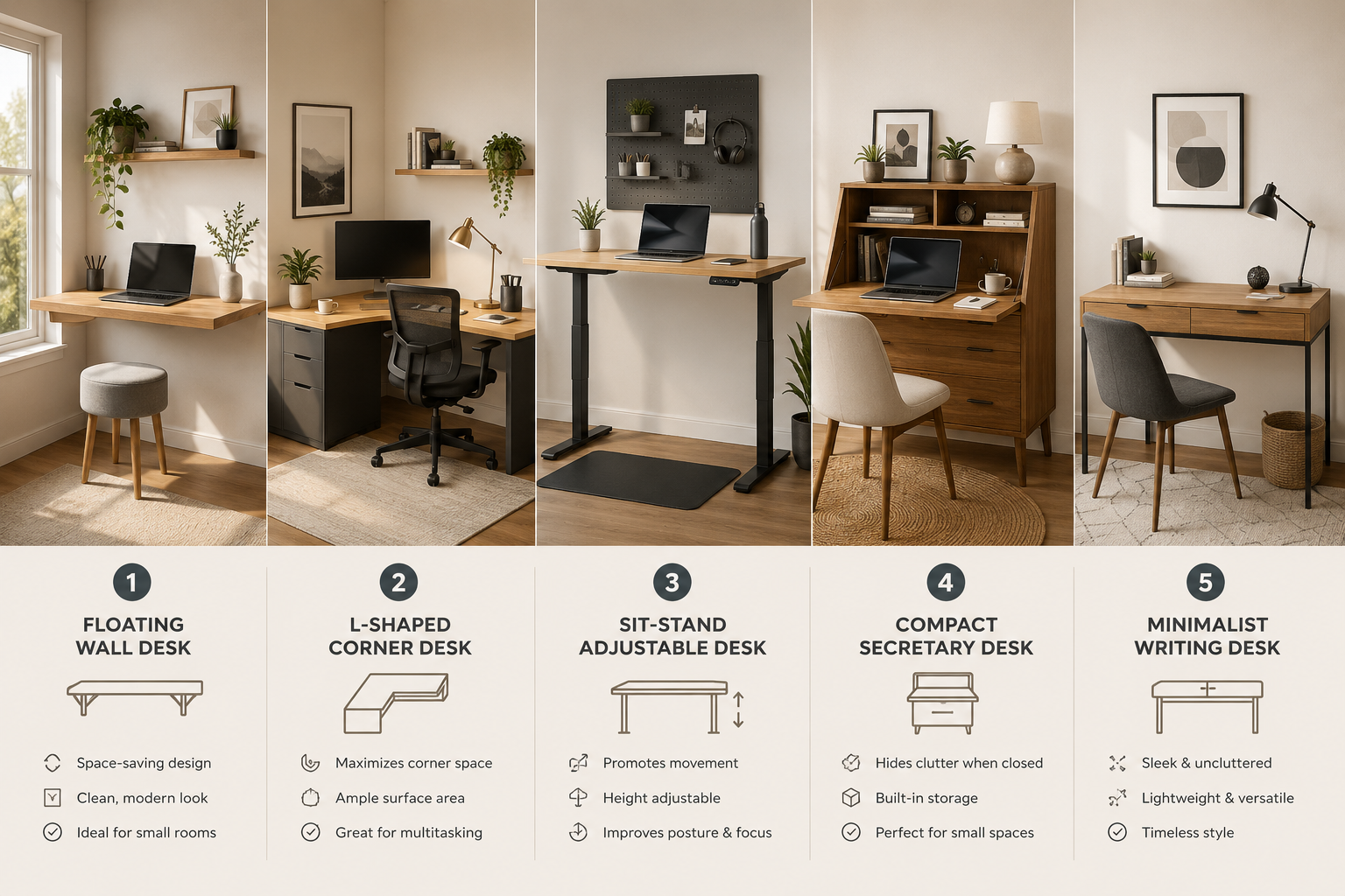 Modern Home Office Desks Landscape format (1536x1024) detailed illustration showing a side-by-side comparison of five modern home office desk styles: a floating wall-mounted desk, an L-shaped corner desk, a sit-stand adjustable desk at standing height, a compact secretary desk, and a minimalist writing desk. Each desk is labeled with a clean sans-serif caption. Warm natural light from left, neutral background, flat-lay editorial style with subtle wood grain textures visible. Color palette: warm oak, white, slate gray. Clean infographic aesthetic.
Home Office Desks Modern