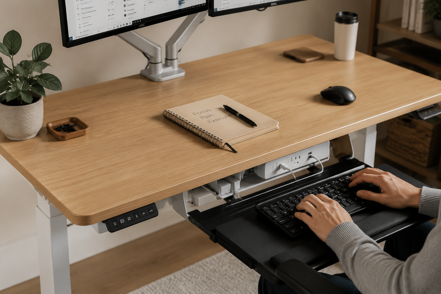 Home Office Desks Modern Landscape format (1536x1024) close-up ergonomic workspace photograph showing a height-adjustable modern standing desk at sitting position with a dual monitor arm, integrated USB-C power strip, cable management tray underneath, and an ergonomic keyboard tray. A person's hands are visible on the keyboard. Overhead angle showing desk surface organization with a notebook, wireless mouse, and small plant. Warm white lighting, Scandinavian minimalist aesthetic, oak wood surface, white metal frame legs. Editorial product photography quality.
Are L-Shaped Modern Desks Good for Productivity