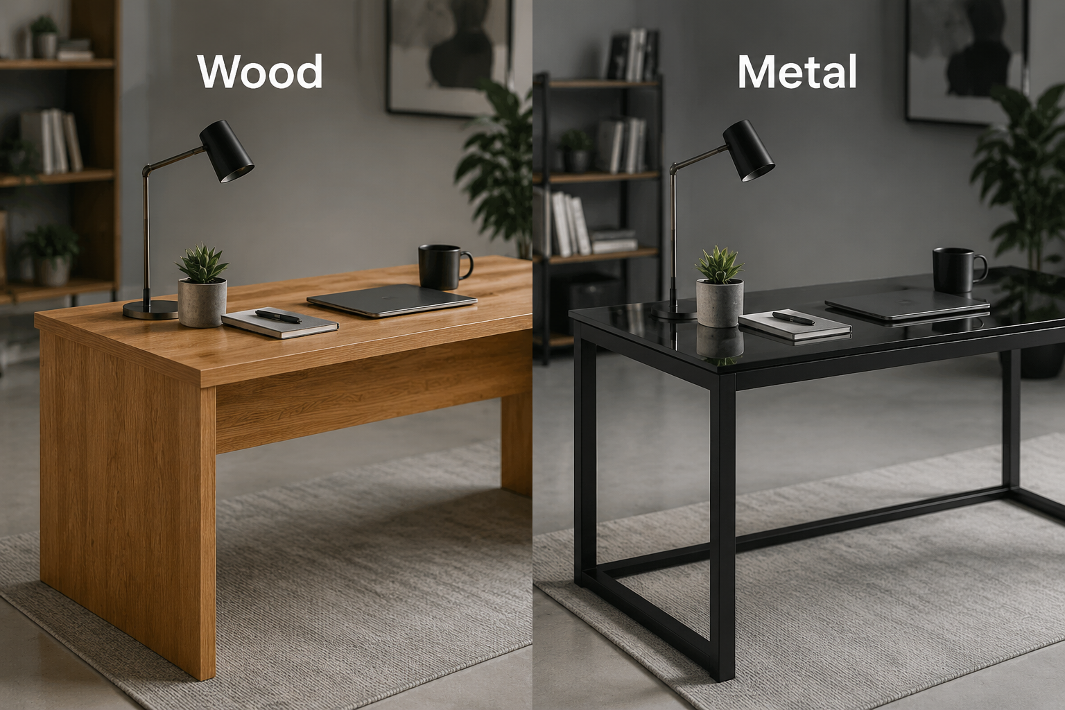 Home Office Desks Modern Landscape format (1536x1024) split-scene comparison image showing left side a solid oak modern desk with warm wood grain finish and right side a sleek black powder-coated steel and tempered glass modern desk. Both are styled with identical accessories for fair comparison. Text overlays read 'Wood' and 'Metal' in clean 36pt sans-serif. Neutral studio background, soft directional lighting highlighting material textures, professional product photography aesthetic, home office context visible in background bokeh.
The Psychological Impact of Workspace Design