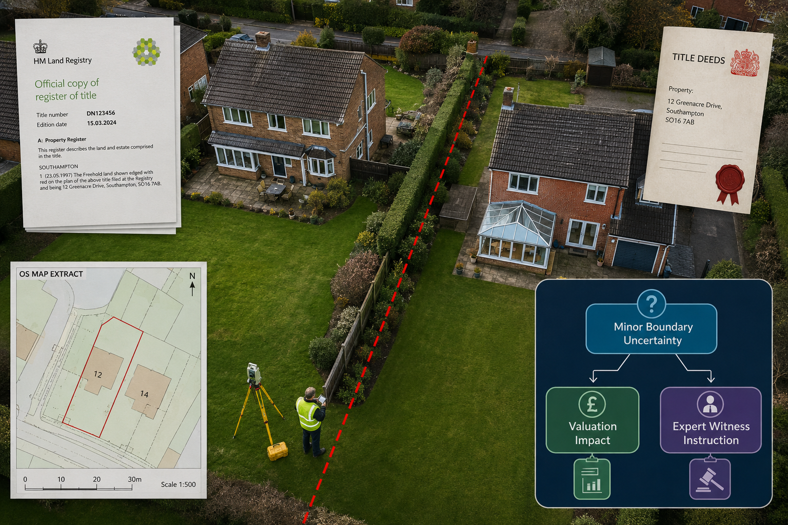 Wide-angle aerial drone view of a residential property boundary dispute scene: two adjacent properties with a red dashed