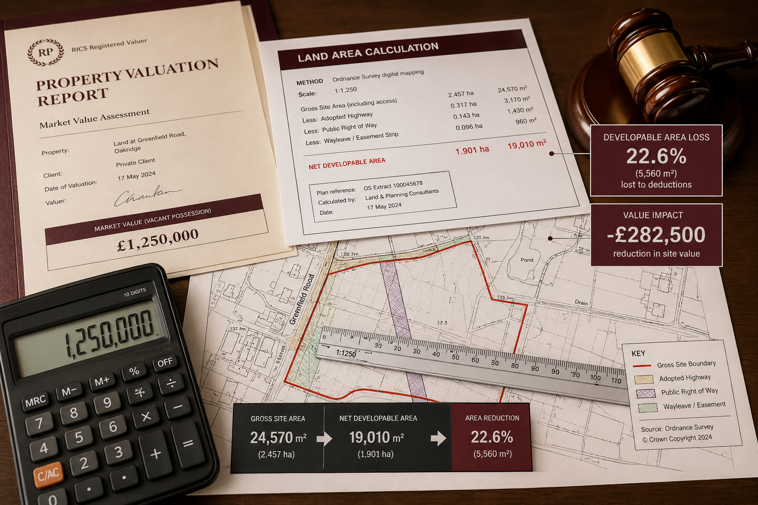 Close-up tabletop scene showing a property valuation report, a land area calculation worksheet with red-highlighted figures,