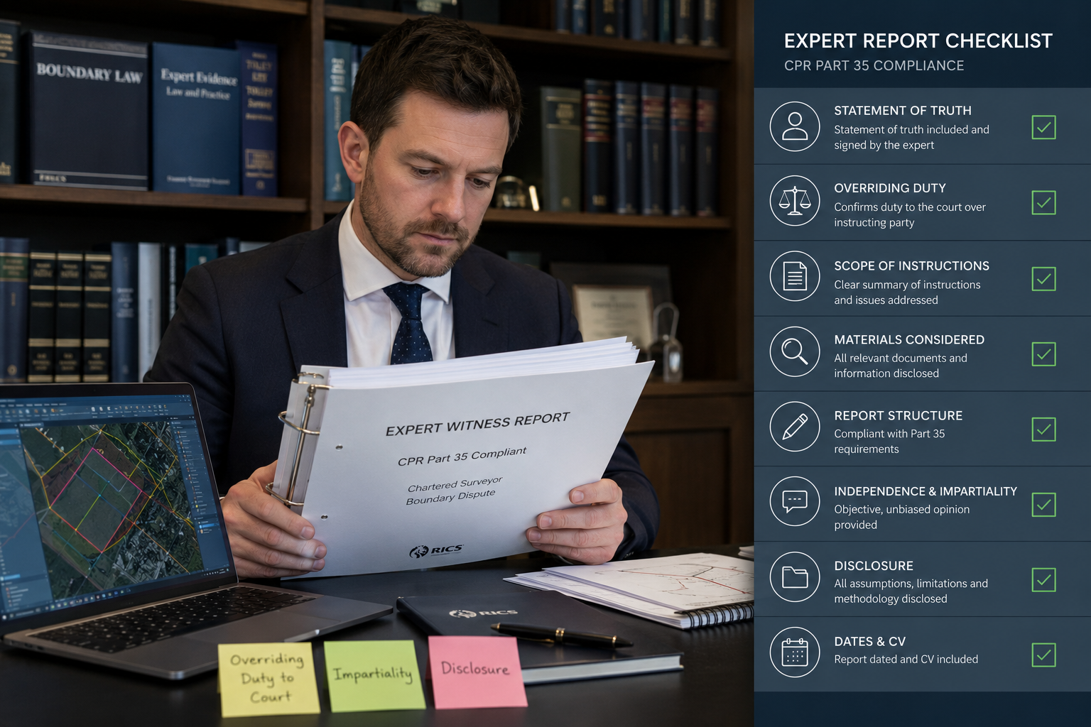 Formal courtroom-adjacent office scene: a chartered surveyor in professional attire sitting at a desk reviewing a CPR Part