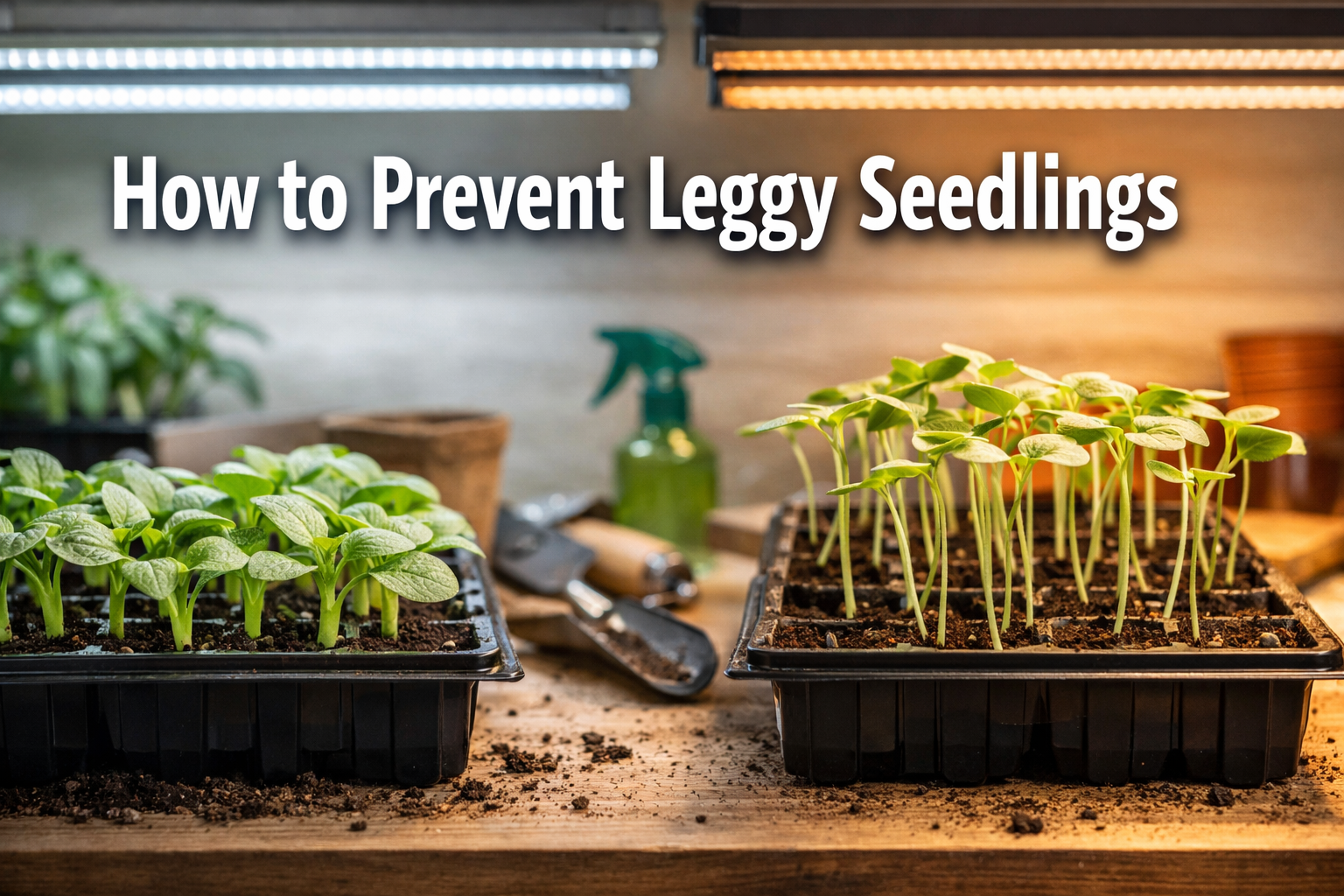 Professional landscape format (1536x1024) hero image featuring bold text overlay 'How to Prevent Leggy Seedlings' in extra large 72pt white