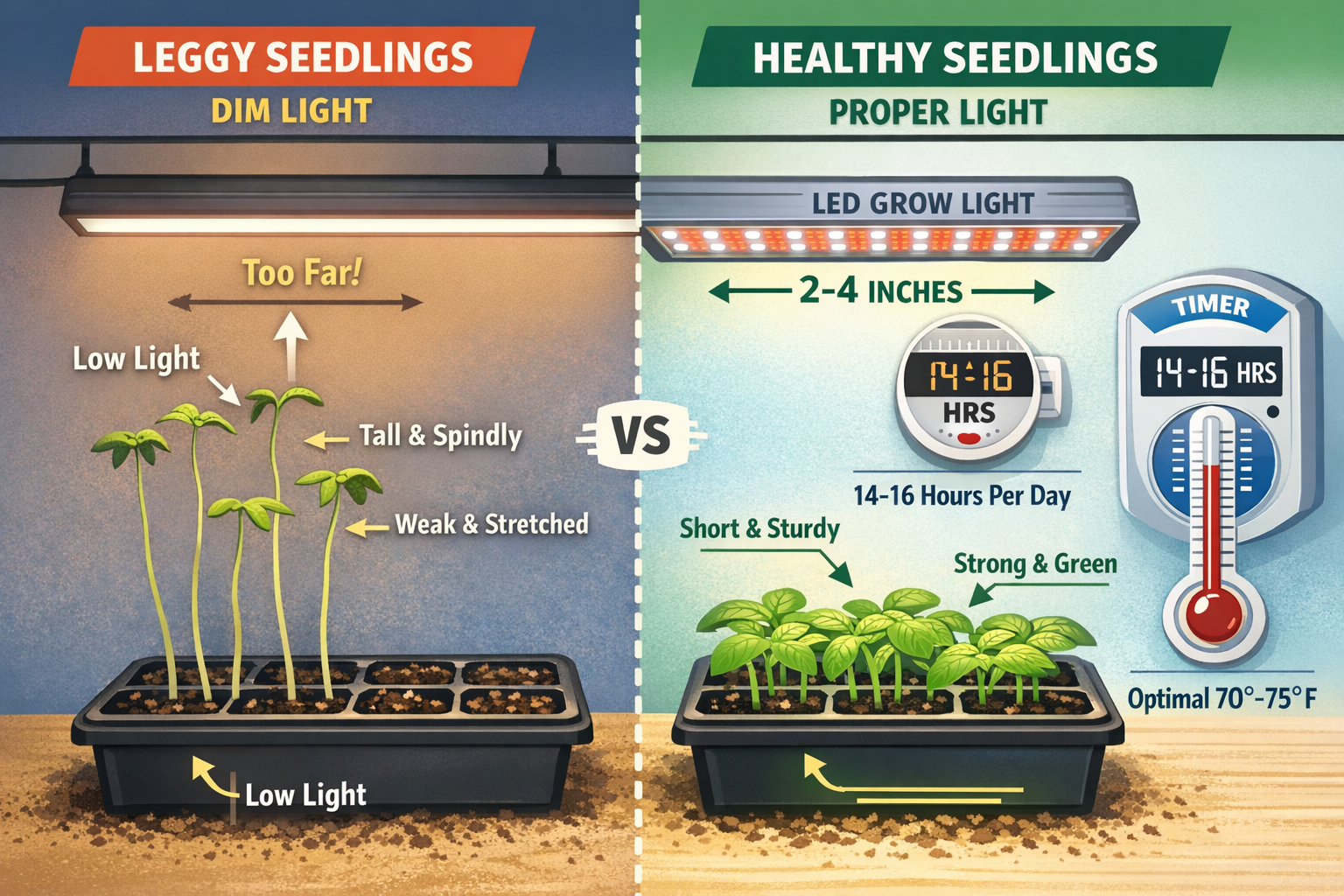 Landscape format (1536x1024) detailed illustration showing proper grow light setup for preventing leggy seedlings. LED grow lights positione