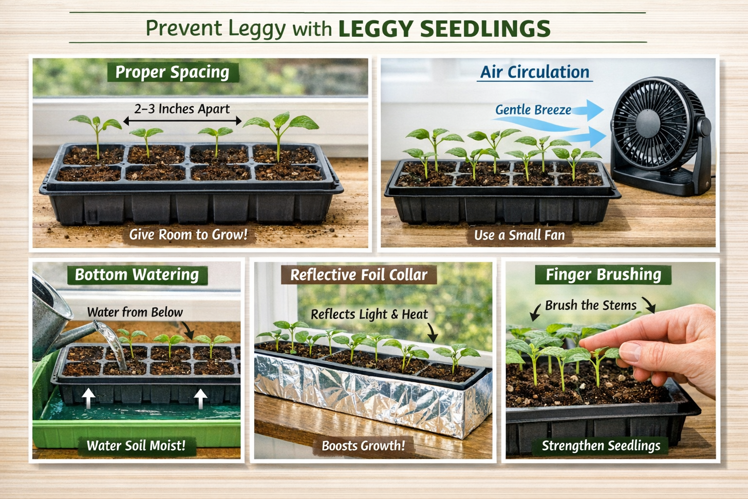 Landscape format (1536x1024) comprehensive visual guide showing multiple prevention techniques for leggy seedlings. Grid layout featuring pr
