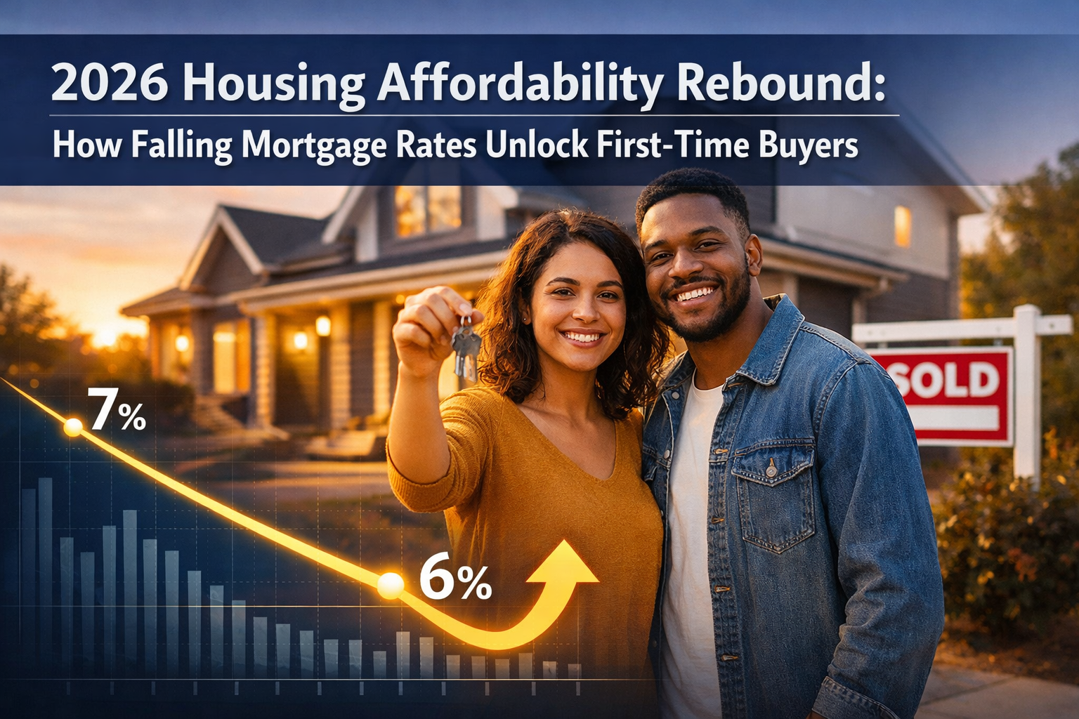 Professional landscape format (1536x1024) hero image featuring bold text overlay '2026 Housing Affordability Rebound: How Falling Mortgage R