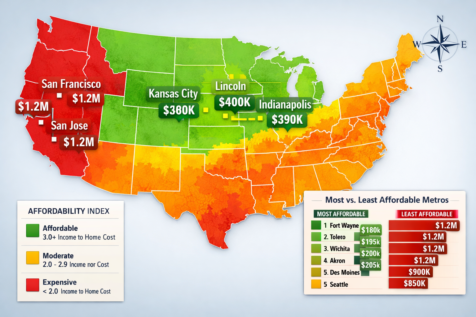 Landscape format (1536x1024) United States regional affordability heat map showing color-coded states and major metro areas. Deep red zones 