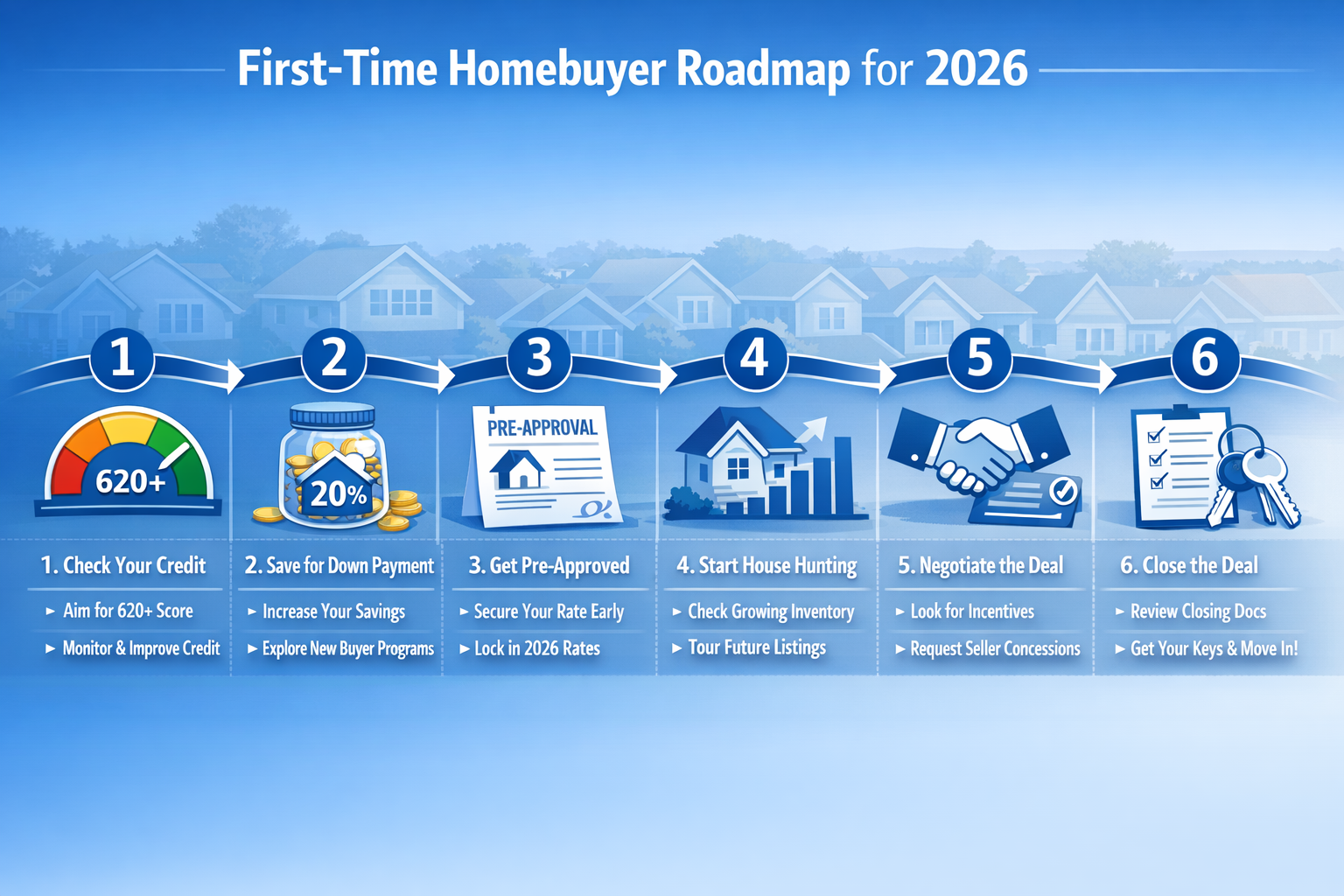 Landscape format (1536x1024) step-by-step visual roadmap for first-time homebuyers in 2026. Horizontal timeline with 6 numbered milestone ic