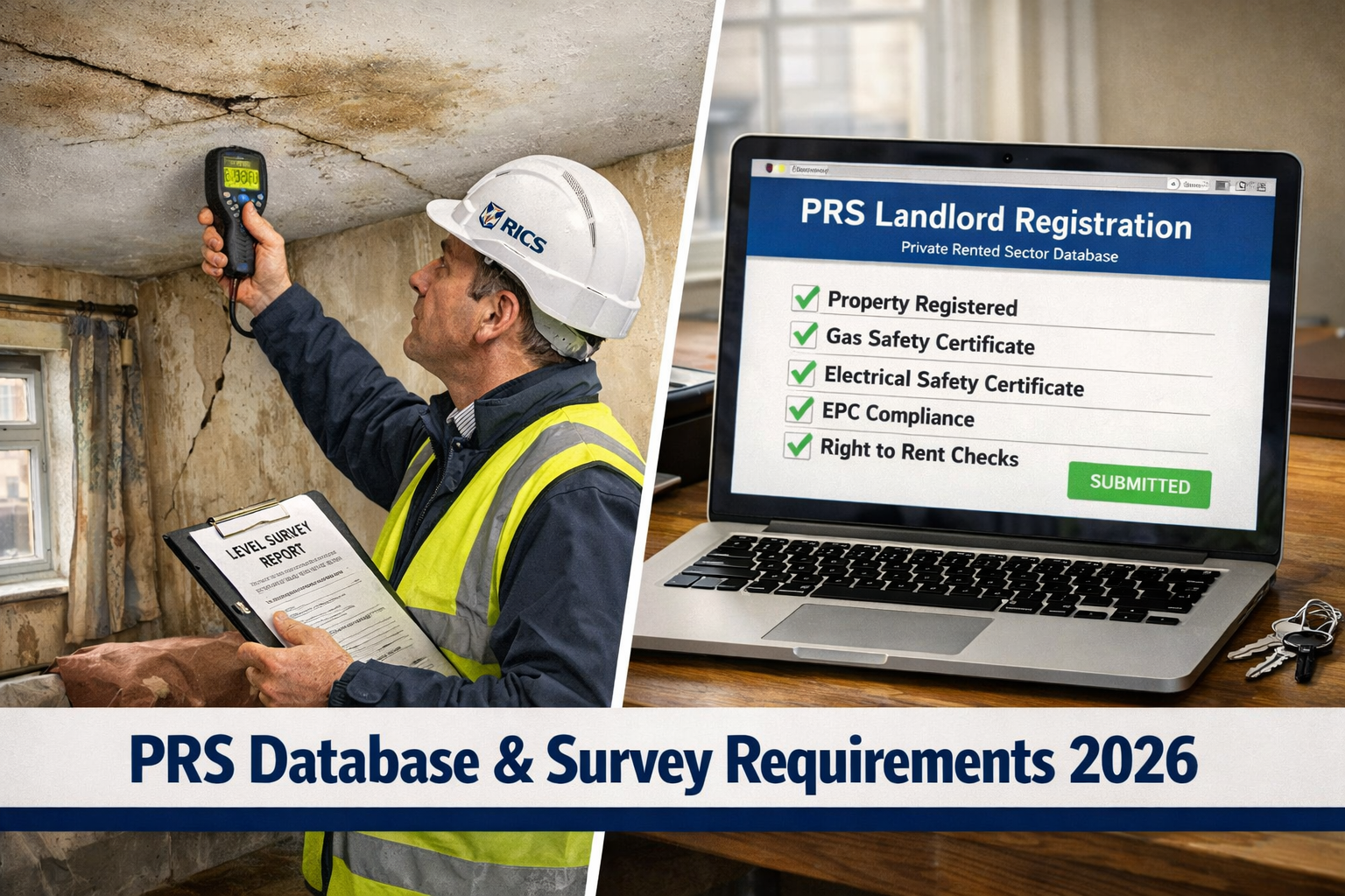 Wide-angle landscape () editorial illustration showing a split-scene: left side depicts a RICS surveyor conducting a Level 3