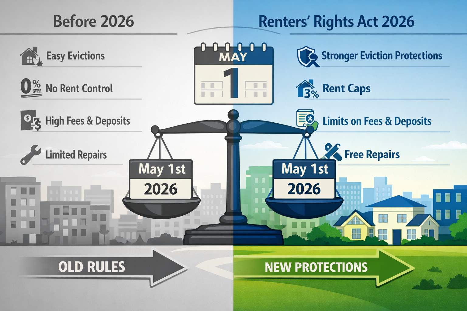 Editorial-style infographic visualizing the Renters' Rights Act 2026 transformations, featuring a split-screen landscape