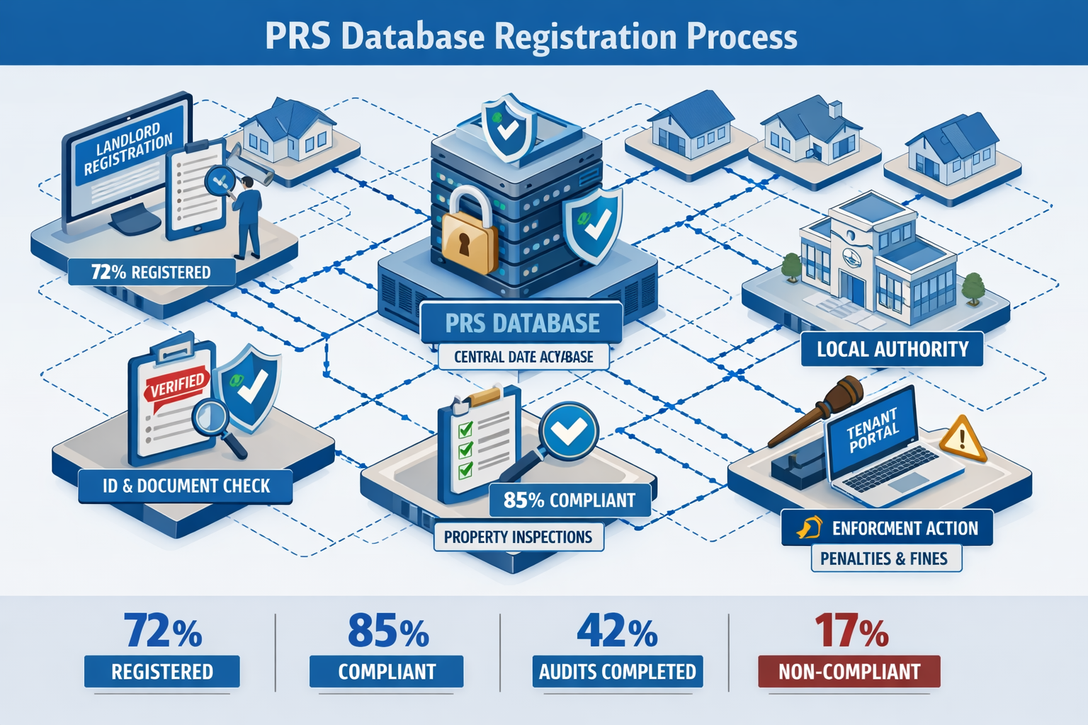 Architectural technical diagram illustrating the Private Rental Sector (PRS) Database Registration process, with isometric
