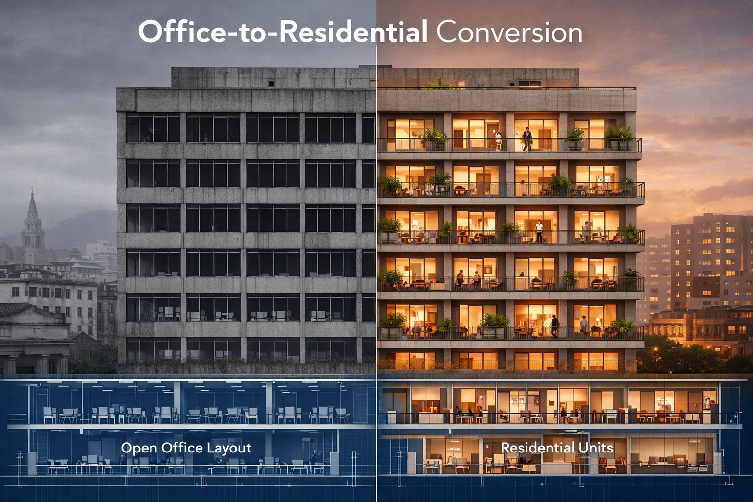 Detailed () image showing split-screen comparison of commercial office building transformation: left side depicts vacant