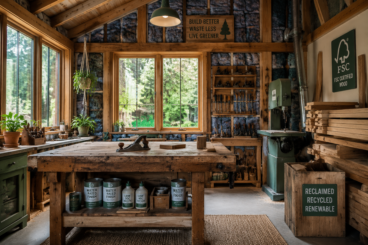 A detailed, eye-level landscape image () of the interior of a sustainable backyard woodworking workshop, focusing on