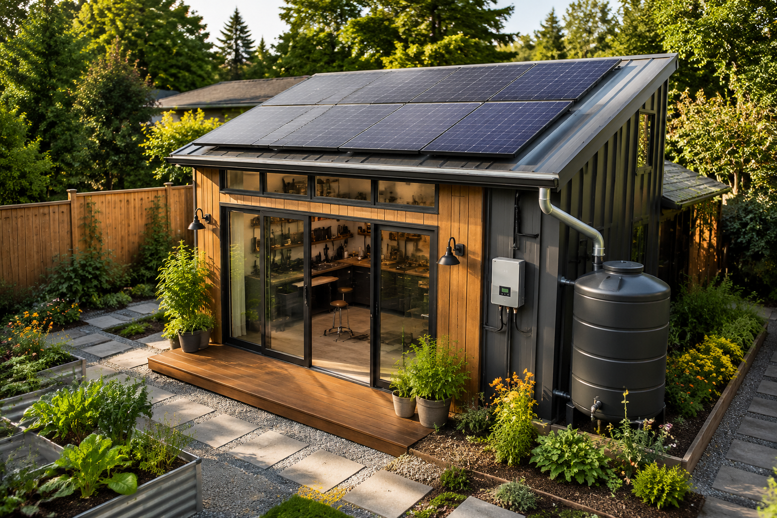 A dynamic, slightly elevated landscape image () showcasing the exterior of a modern sustainable backyard workshop,