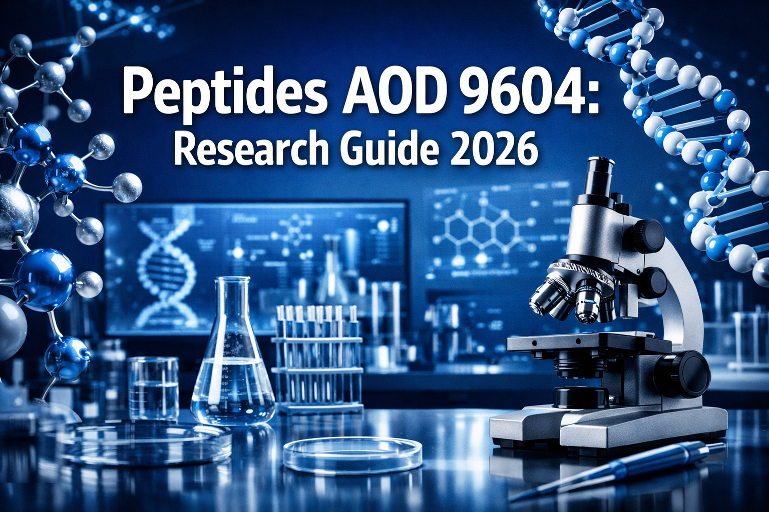 Professional landscape hero image (1536x1024) featuring bold text overlay 'Peptides AOD 9604: Research Guide 2026' in extra large 72pt white