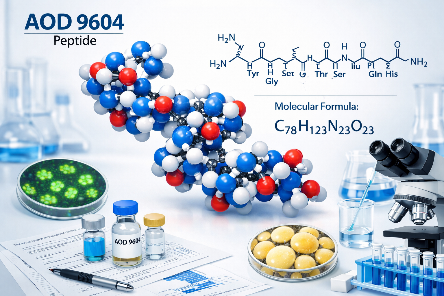 Scientific laboratory scene showing AOD 9604 peptide molecular structure with 3D rendering, chemical formula diagrams, research vials, and m
