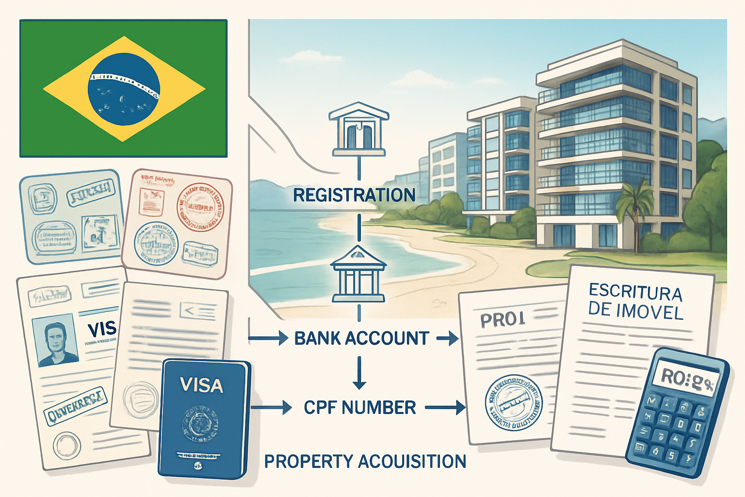 Detailed landscape illustration (1536x1024) showing step-by-step visual guide for foreign investors entering Brazilian real estate market. S