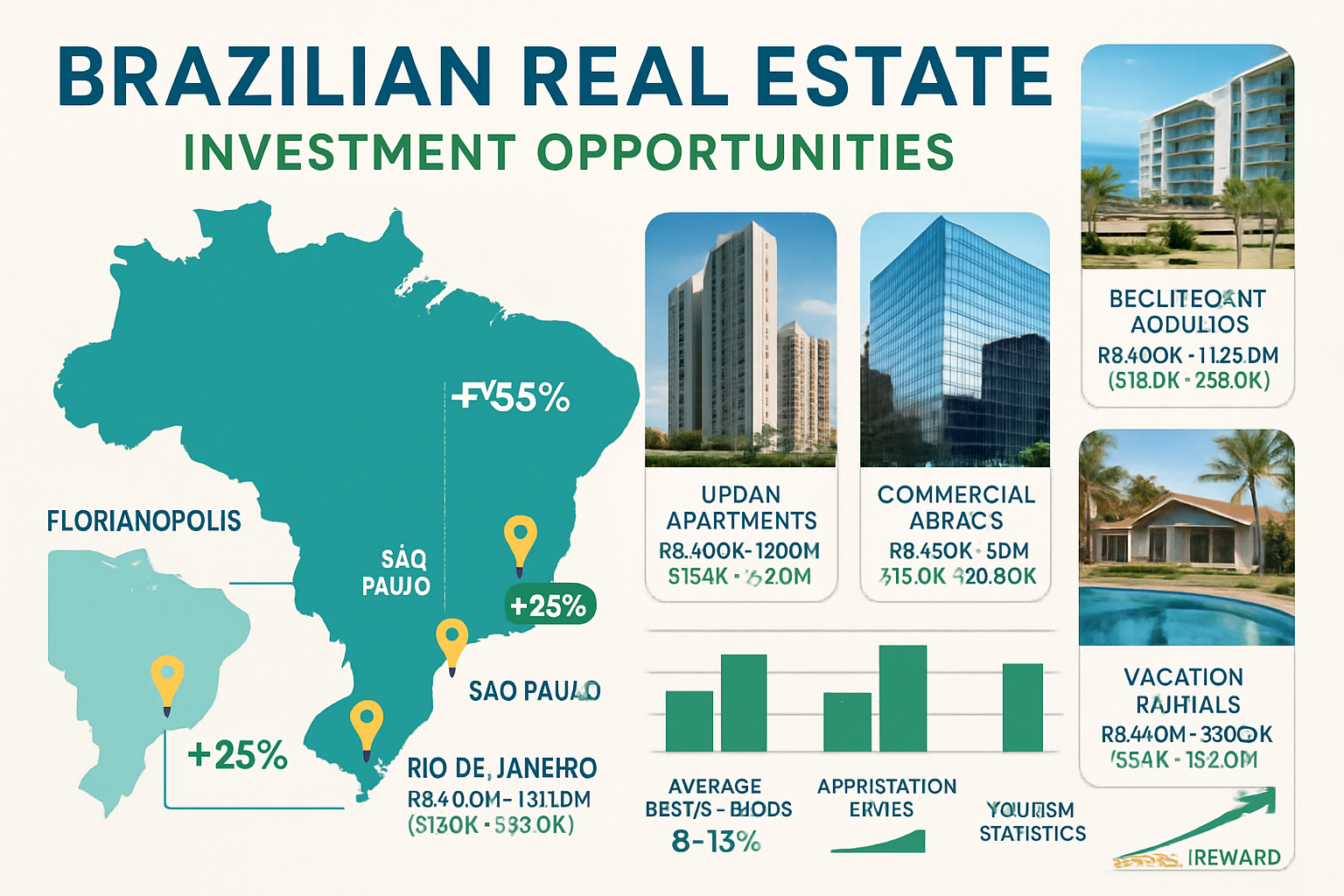 Comprehensive landscape infographic (1536x1024) displaying Brazilian real estate investment opportunities across major cities. Map of Brazil