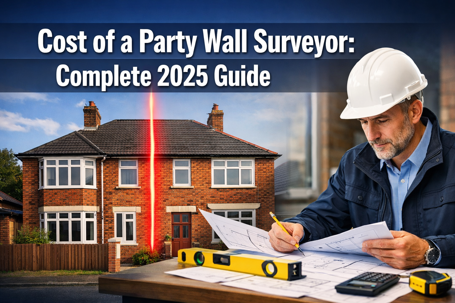 Professional landscape hero image (1536x1024) featuring bold text overlay 'Cost of a Party Wall Surveyor: Complete 2025 Guide' in extra larg