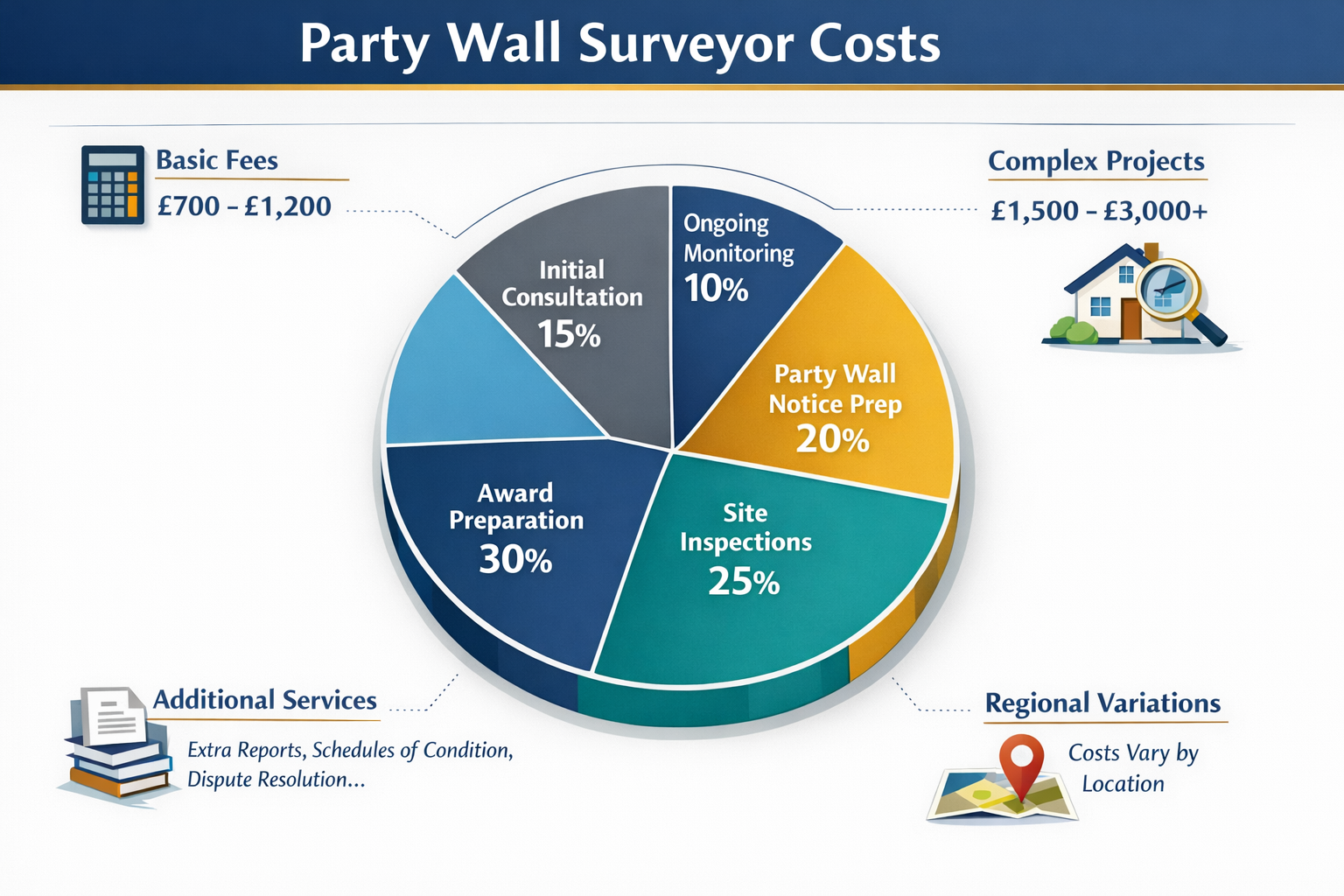 Detailed infographic illustration showing breakdown of party wall surveyor costs in landscape format (1536x1024). Central pie chart displayi