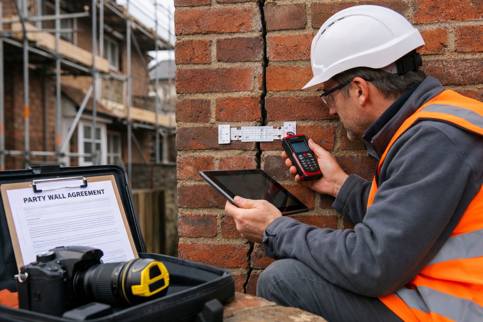 Landscape editorial photograph (1536x1024) showing professional party wall surveyor conducting detailed inspection at shared wall between tw