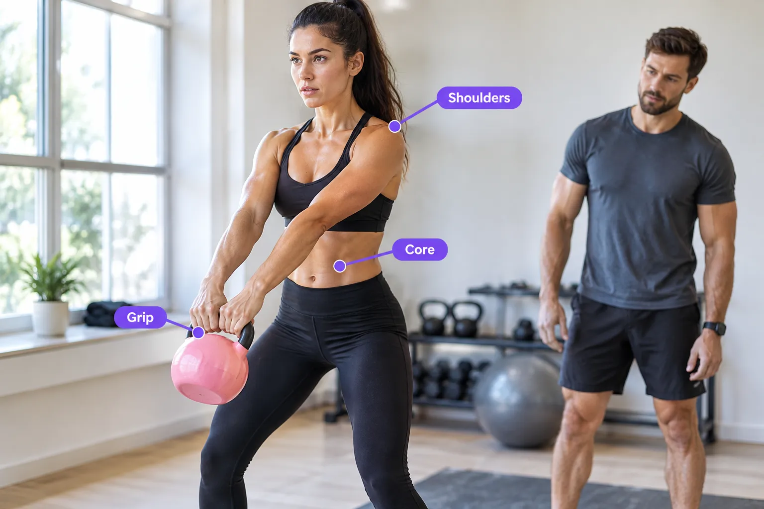 Editorial documentary photograph of a woman mid kettlebell swing in a bright home gym, holding a pink soft kettlebell at hip height, with three short callout labels pointing to Grip, Core, Shoulders, natural window light, shallow depth of field, clean uncluttered background, no text paragraphs, only short labels. What Is a 15lb Kettlebell Good For?