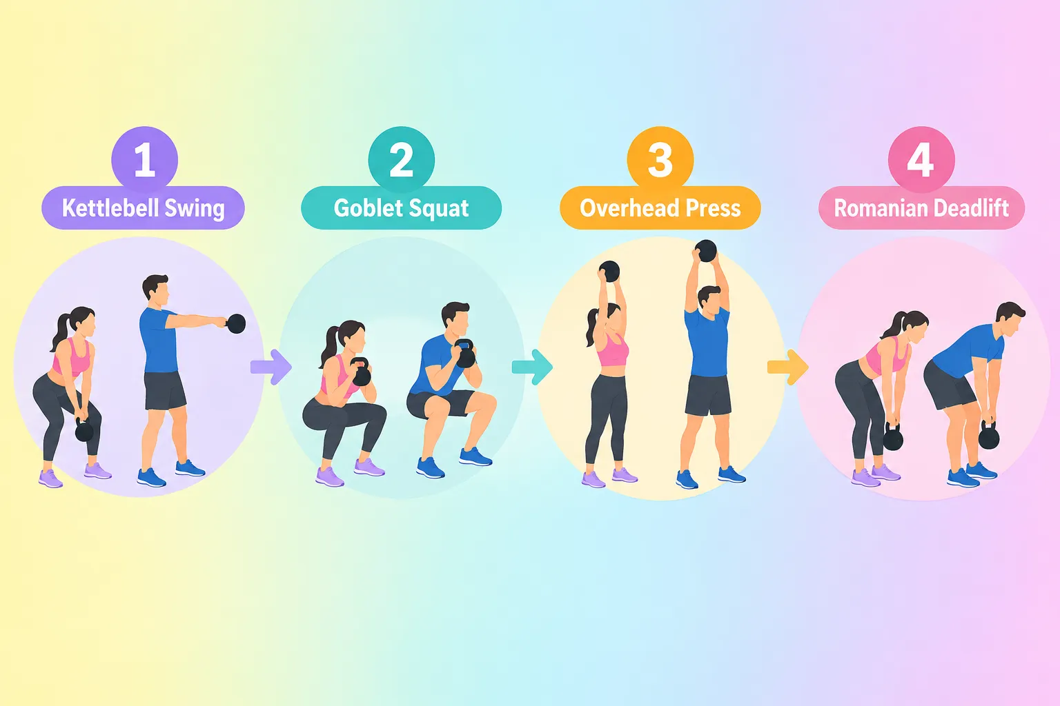 Numbered step by step exercise flow on a bright gradient background, four icon style illustrated steps labelled Step 1 Kettlebell Swing, Step 2 Goblet Squat, Step 3 Overhead Press, Step 4 Romanian Deadlift, each with a small simplified human silhouette performing the move, arrows connecting the steps left to right, flat vector illustration, pastel color palette, no paragraphs of text. Best Kettlebell Exercises With 15 Pounds