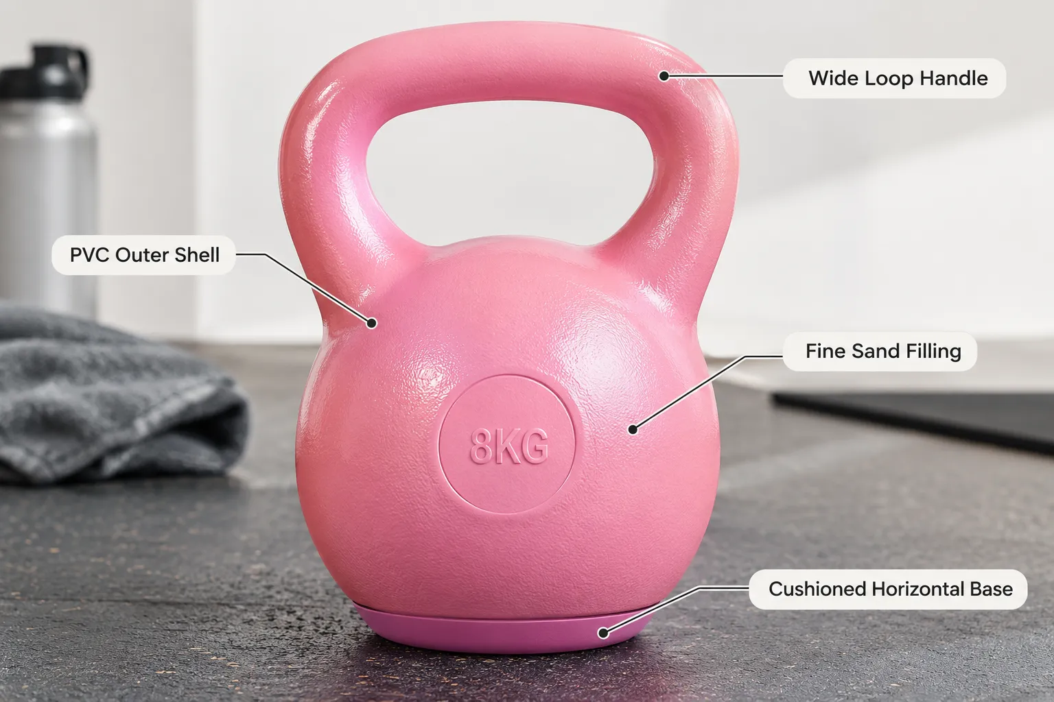 Close up annotated documentary photograph of a pink soft shell kettlebell on a gym floor, with four short callout labels on thin lines pointing to Wide Loop Handle, PVC Outer Shell, Fine Sand Filling, Cushioned Horizontal Base, bright natural lighting, sharp macro focus on texture, clean minimal backdrop, editorial product photography style. Merach Kettlebell Durability, Quality, and Handle Grip Comfort