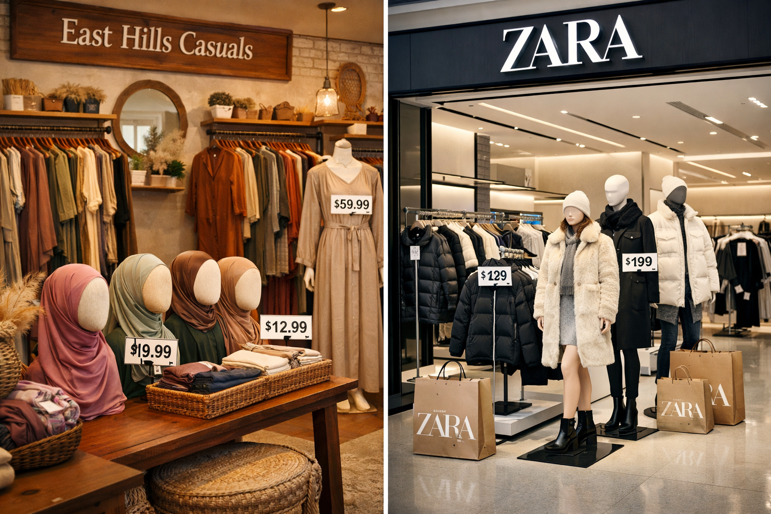 Detailed landscape editorial photograph (1536x1024) showing side-by-side comparison of East Hills Casuals clothing store interior versus Zar