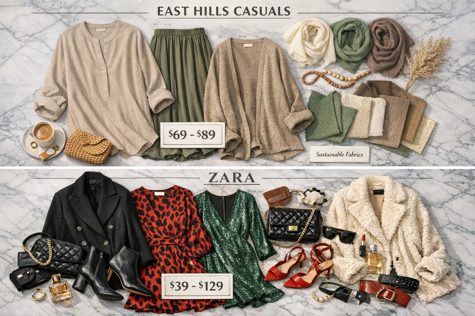 Stunning landscape fashion flat lay photograph (1536x1024) displaying wardrobe essentials comparison between both brands. Top half shows Eas
