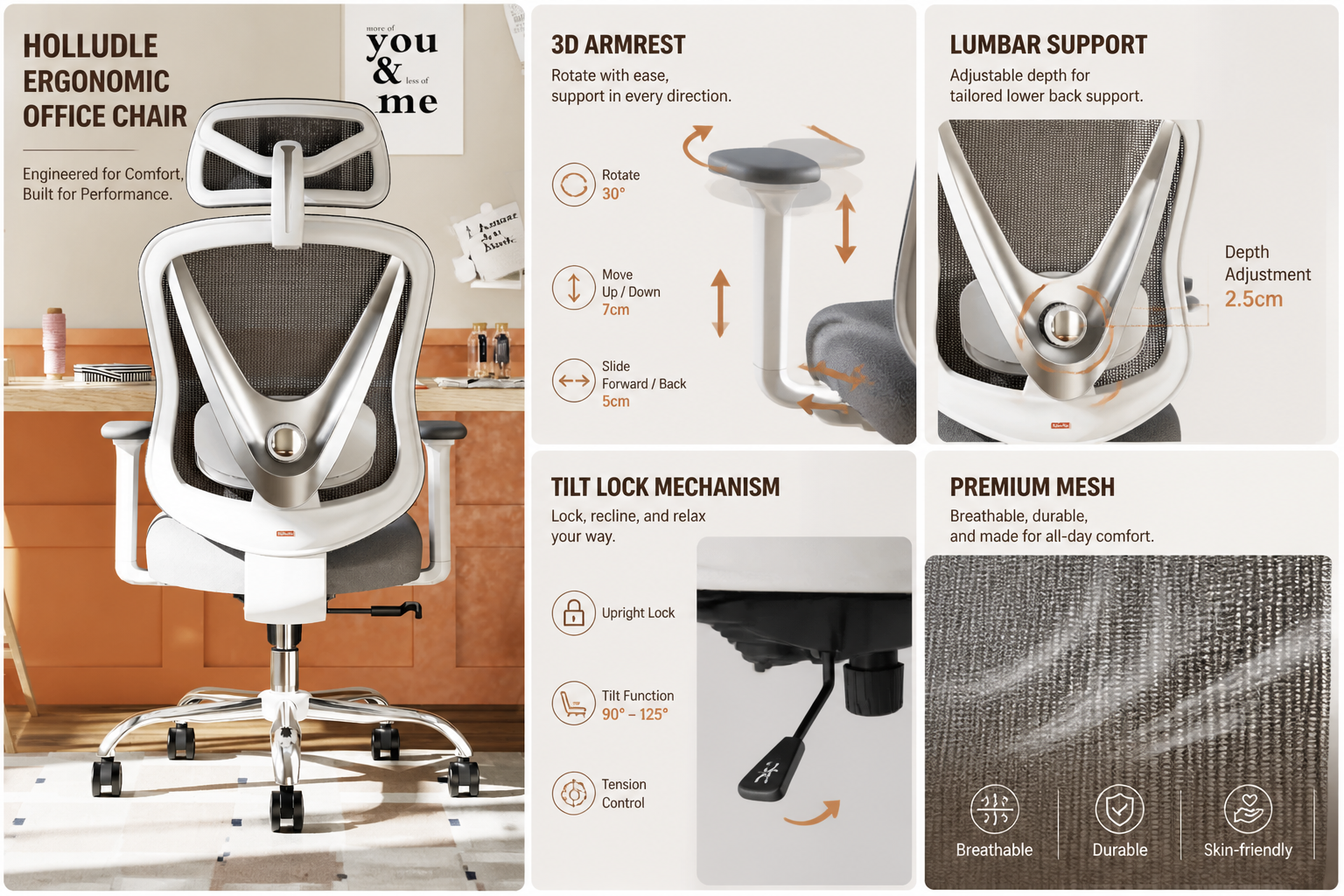 Detailed showcase of HOLLUDLE Ergonomic Office Chair highlighting its distinctive V-shaped silver back frame, breathable mesh material, 3D lumbar support adjustment mechanism, and 2D headrest — product displayed at a three-quarter angle on a clean studio background