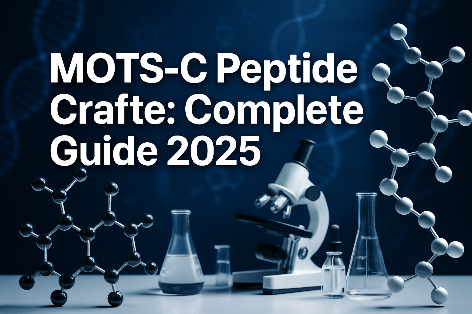 Professional landscape hero image (1536x1024) featuring bold text overlay 'MOTS-C Peptide Crafte: Complete Guide 2025' in extra large 70pt w