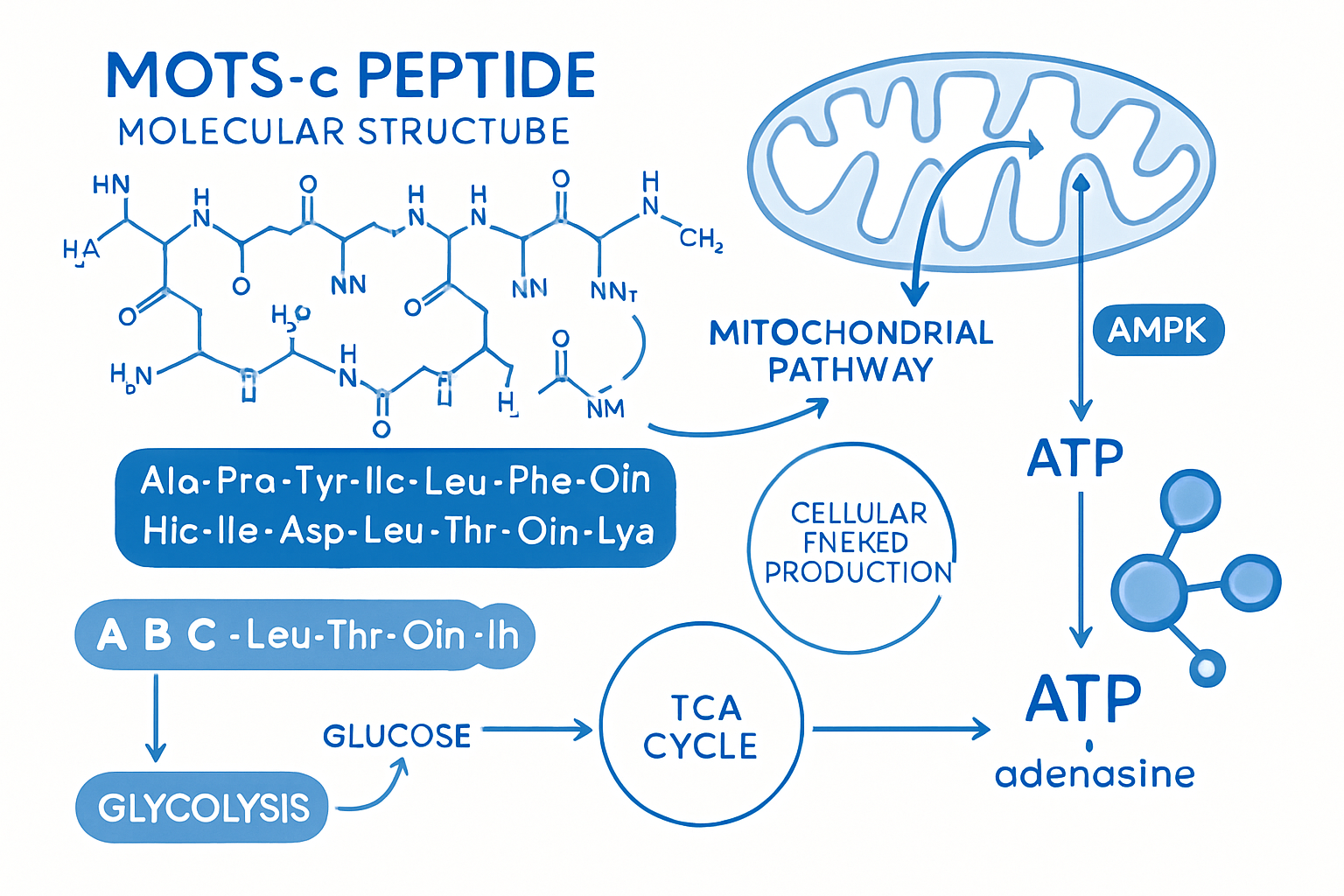 Scientific infographic showing MOTS-C peptide molecular structure with amino acid sequence, mitochondrial pathway diagram, cellular energy p