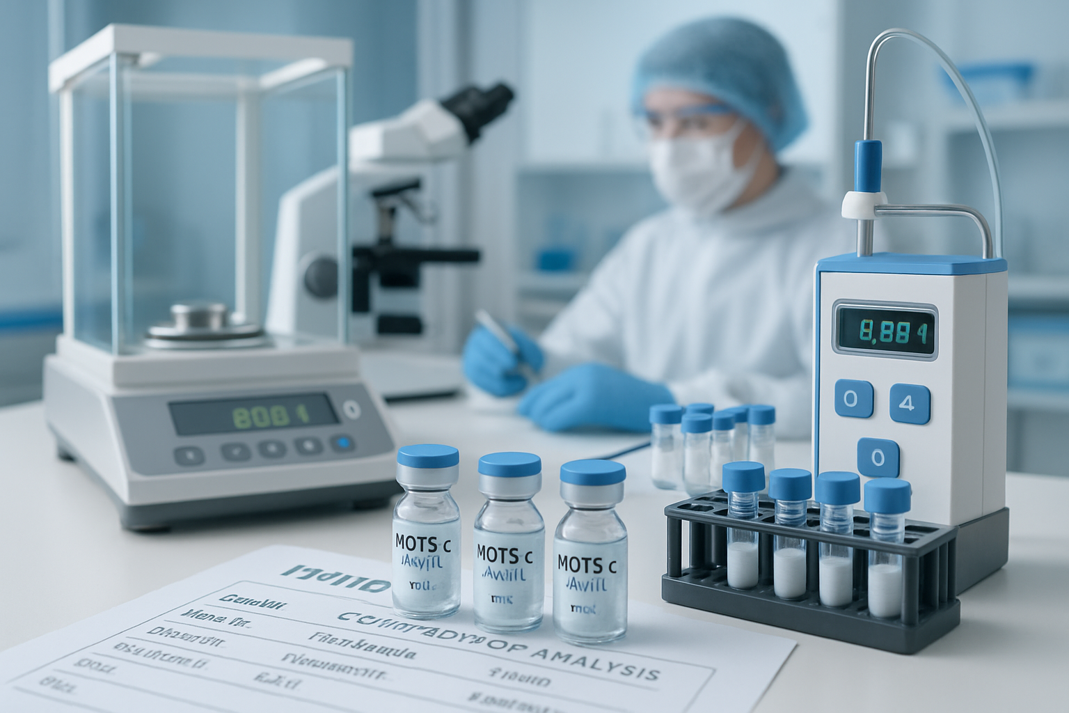 Research laboratory scene with peptide vials, precision measuring equipment, quality control testing apparatus, certificate of analysis docu
