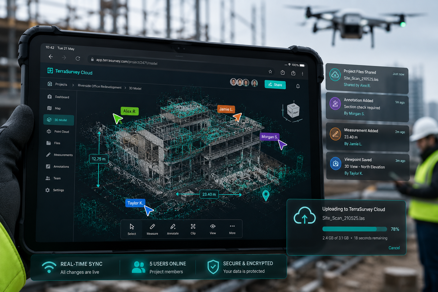 () editorial illustration showing a surveyor's tablet screen displaying a browser-based 3D property model with glowing point