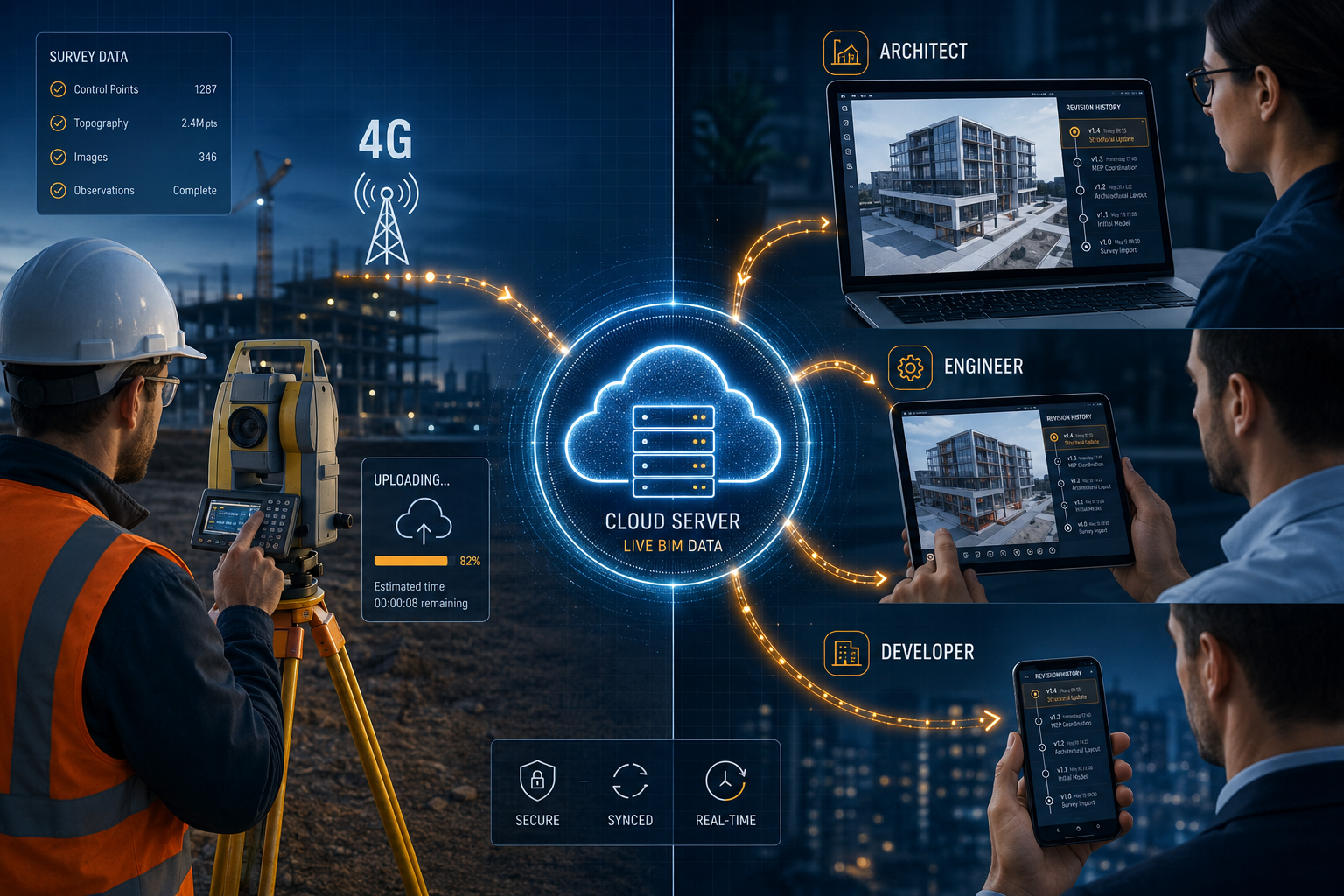 () split-panel infographic-style image showing left panel: a field surveyor with total station uploading data via 4G to a