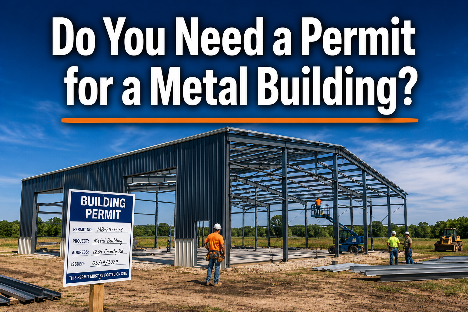 Professional () hero image with : 'Do You Need a Permit for a Metal Building?' in extra large white with dark drop ,