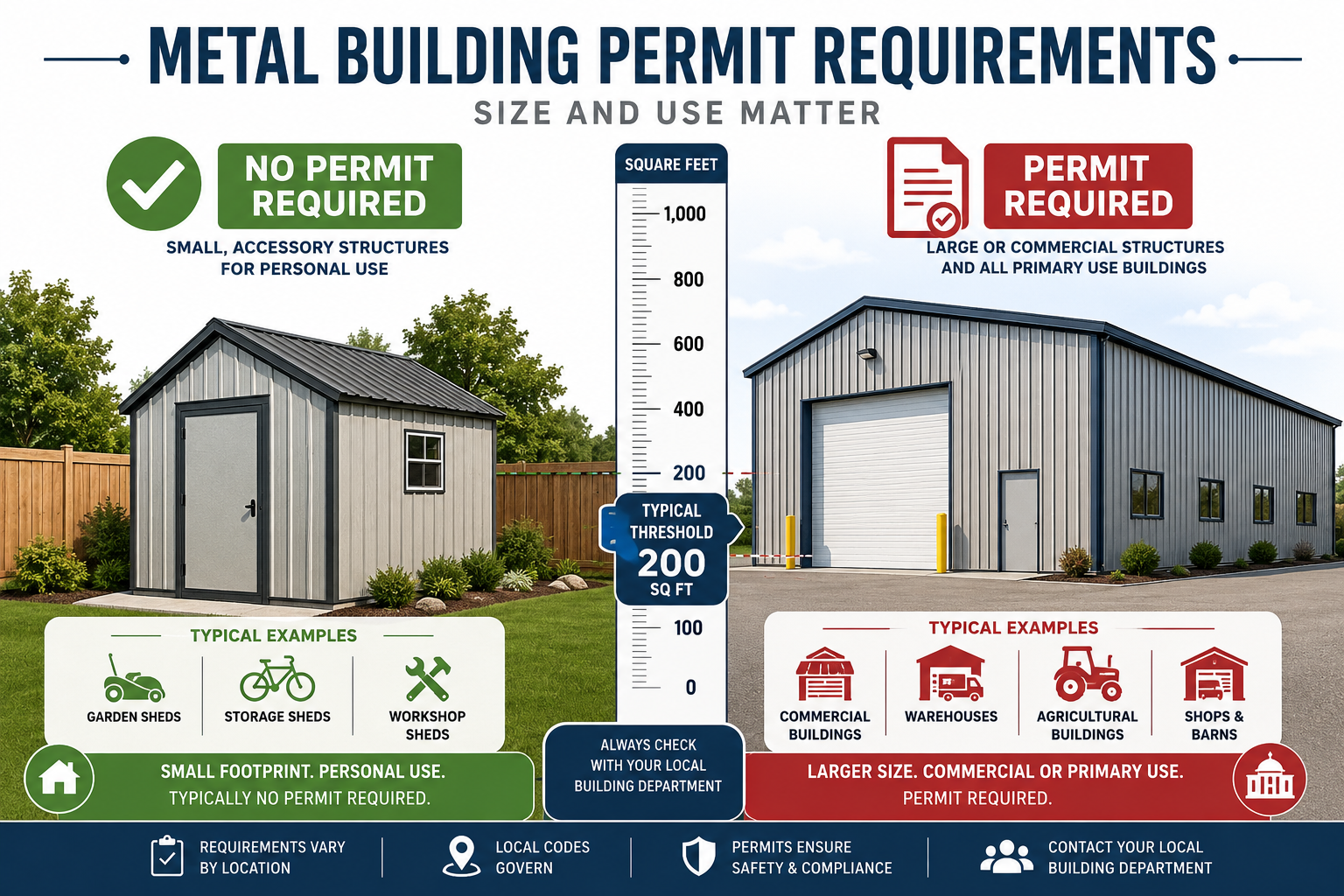 Detailed () informational infographic illustration showing a split-scene comparison: on the left, a small backyard metal
