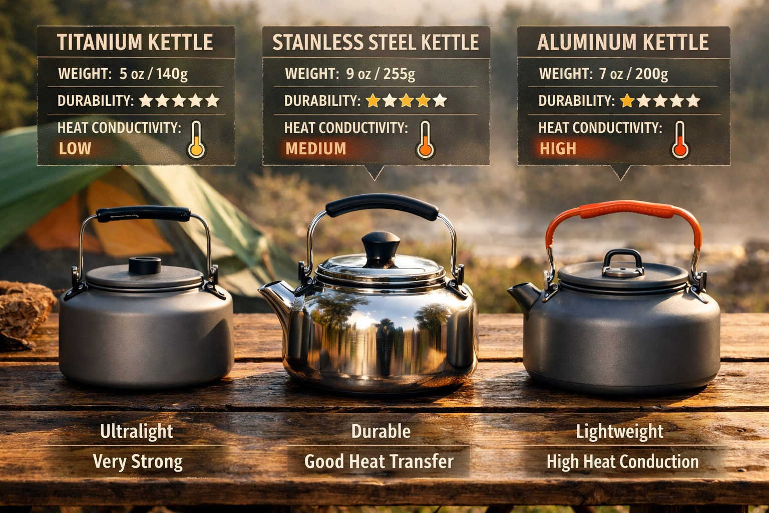 Detailed landscape format (1536x1024) image showing close-up comparison of three different camping kettle materials side by side on rustic w
