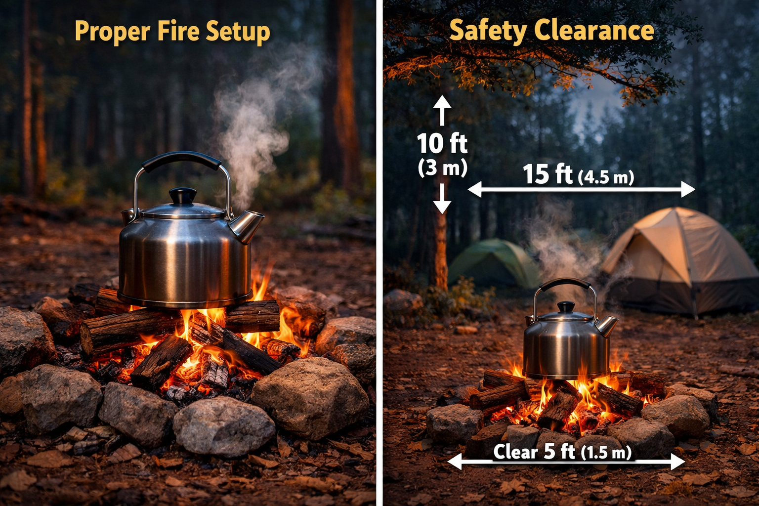Landscape format (1536x1024) image depicting stainless steel camping kettle in action over open campfire with visible flames and glowing emb