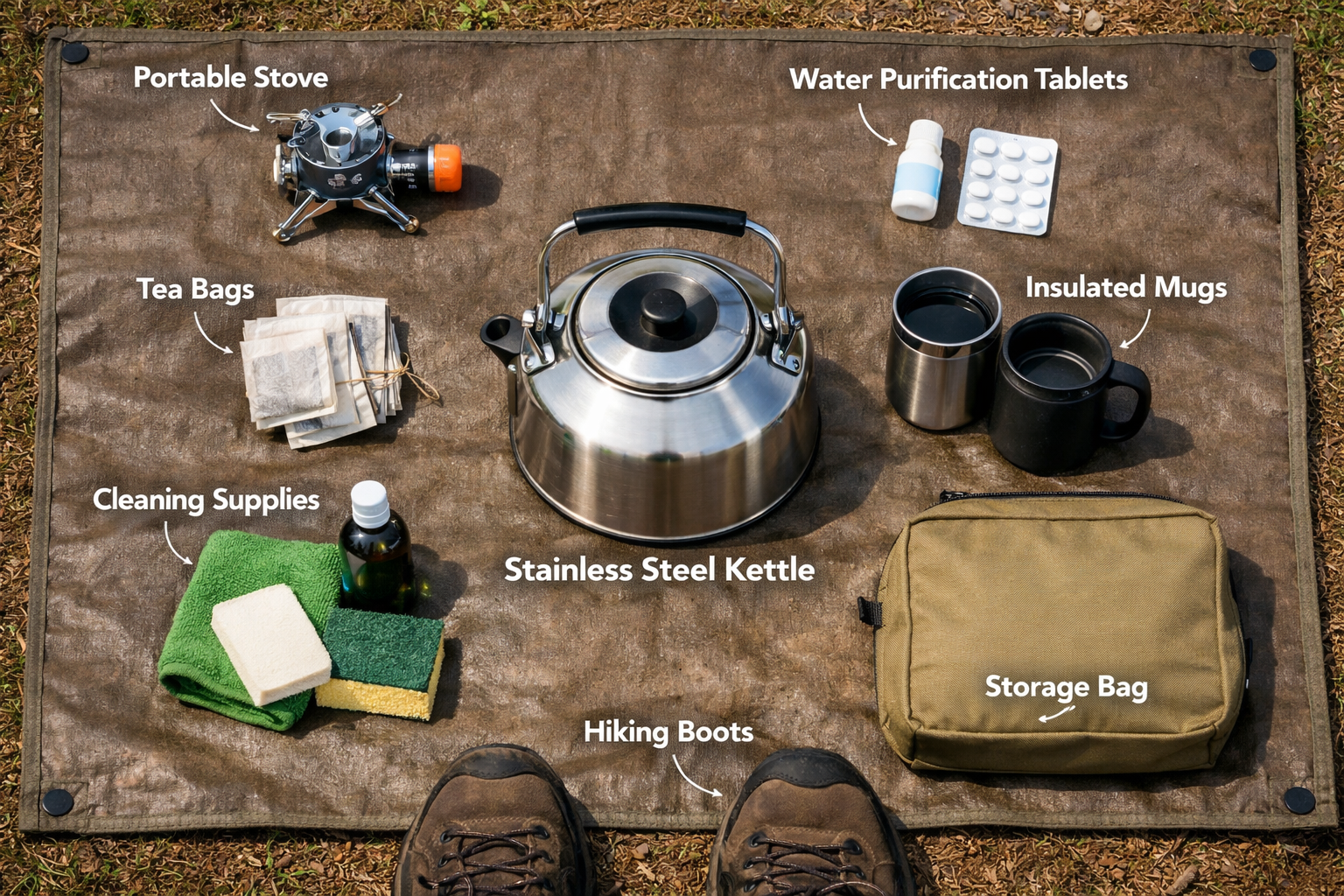 Landscape format (1536x1024) image showing organized camping gear layout on ground tarp featuring stainless steel camping kettle as centerpi