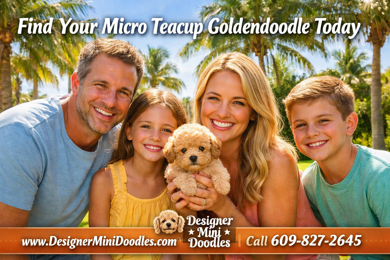 () warm lifestyle photograph of a happy family in a Florida backyard with palm trees, holding a tiny cream-colored micro
