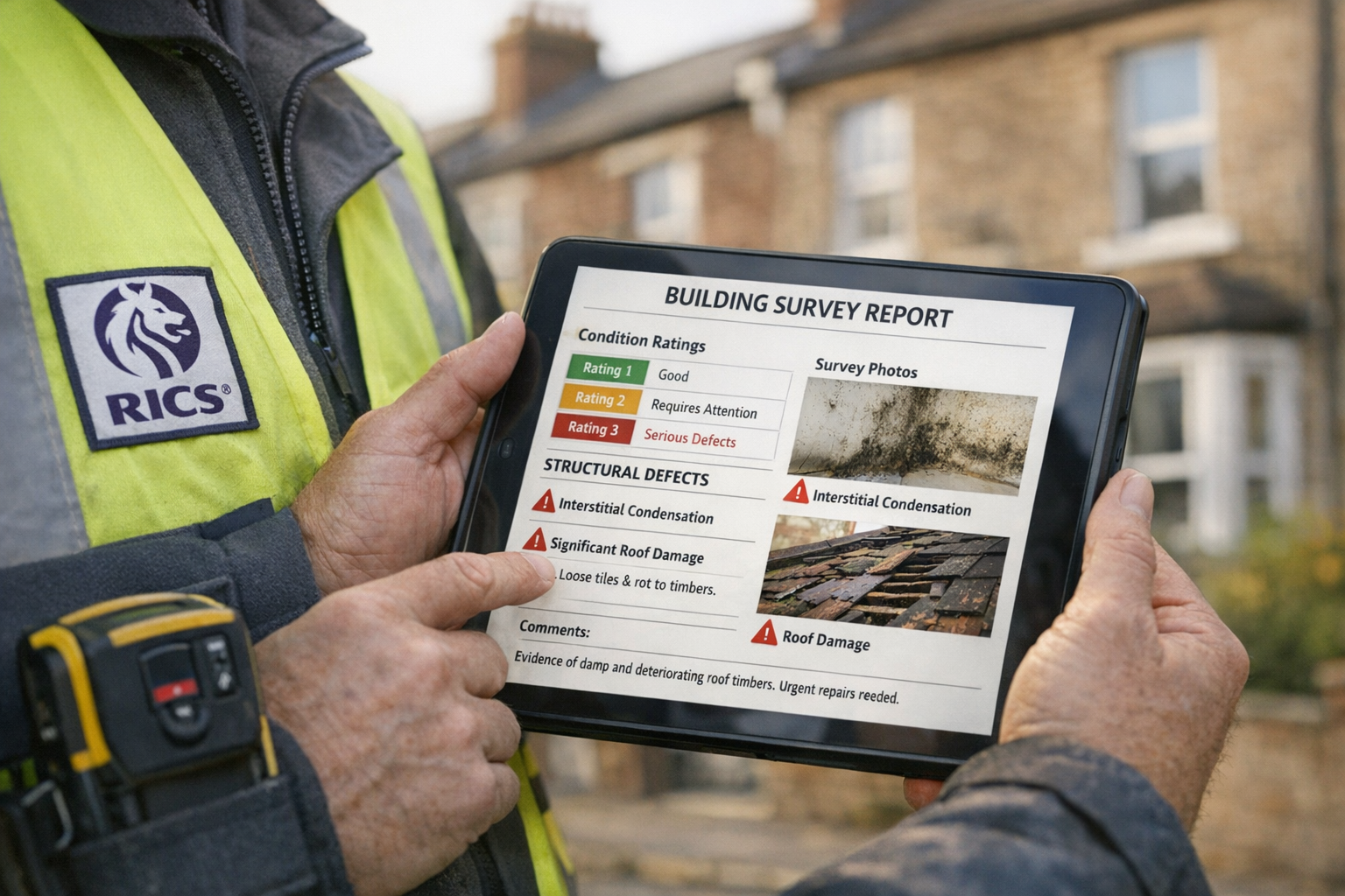 Detailed () image showing close-up perspective of surveyor's hands holding digital tablet with detailed building survey