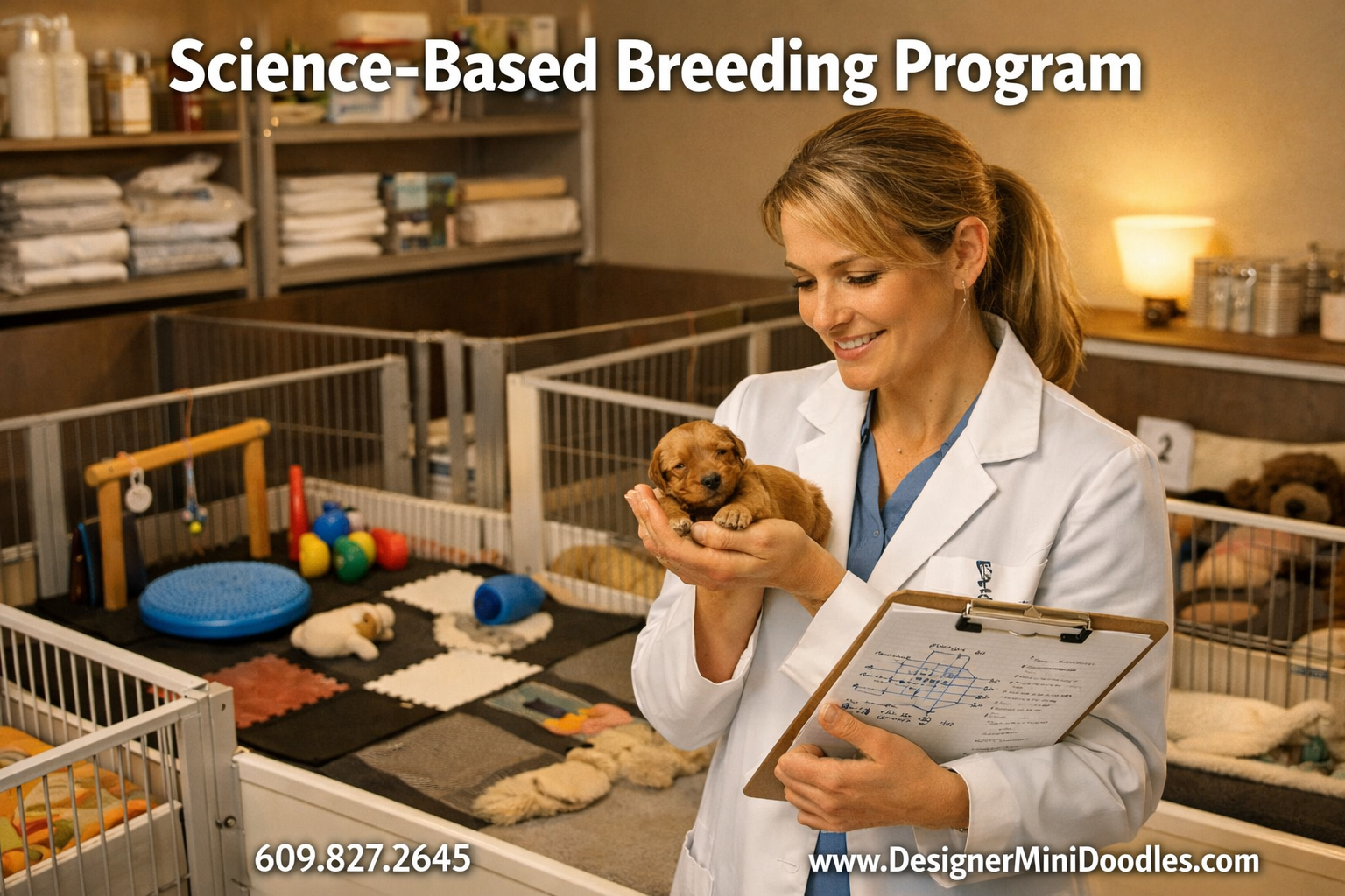 () editorial image showing a professional animal biologist woman in a clean modern whelping room holding a tiny micro mini